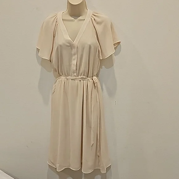 H&M | Dresses | Hm Chiffon Drawstring Waist Dress Beige Cream Size S |  Poshmark